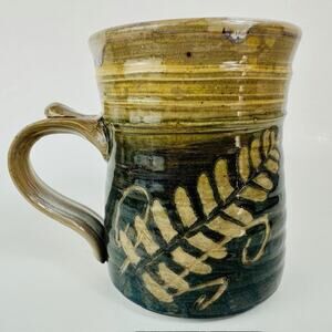 Folk Art Handmade Pottery Mug Coffee Cup Hand Carved FernLeaf Green/Wheat Colors